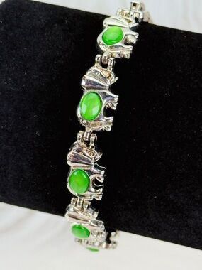Silvertone Elephant Bracelet with Green Accents